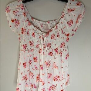 No Boundaries White Smocked Peasant Top with Pink & Orange Floral Print